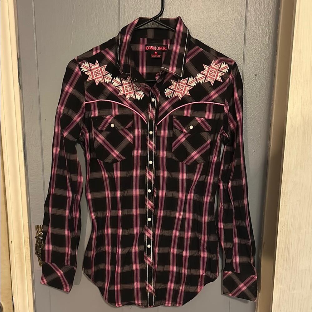 Rock & Roll Cowgirl Black and Pink Plaid Shirt